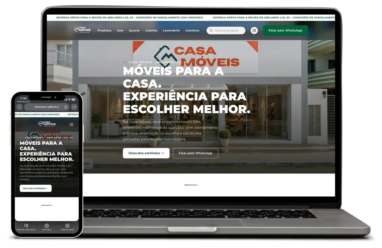 Site da Casa Móveis em notebook e celular